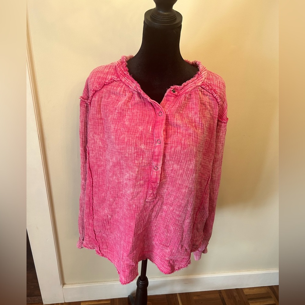 Easel Long Sleeve Tops | Button down pink and white top